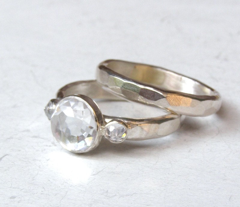 Set Engagement Ring and wedding band -Topaz Gemstone silver ring  - Fine silver sterling ring Similar  diamond stone MADE TO ORDER