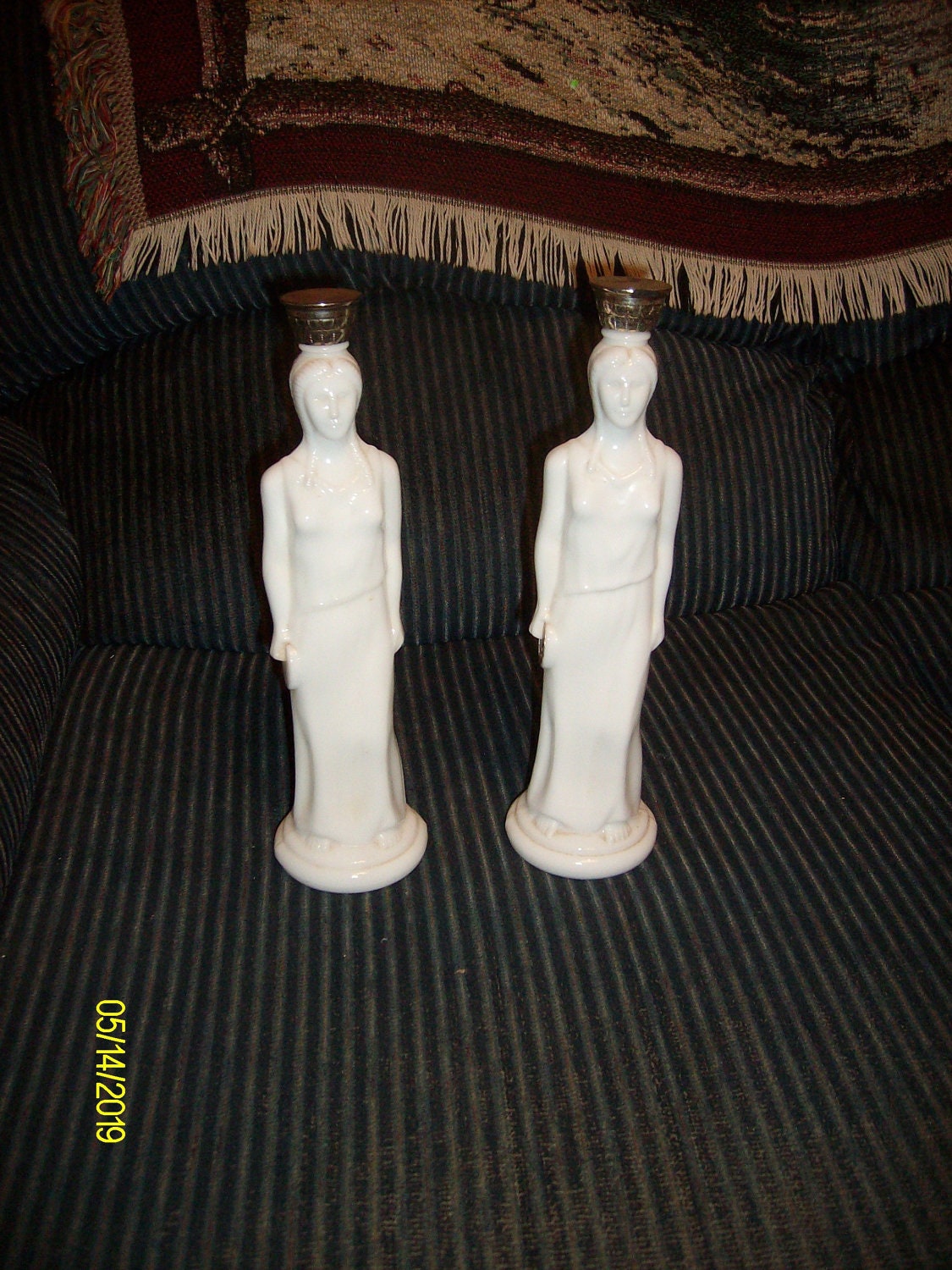 Free Shipping--2 Vintage Milk Glass Grecian Lady Avon Decanters / Bottles