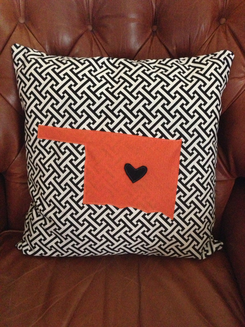 Oklahoma love pillow. Orange. Black. Heart. Pillow cover. State love. Oklahoma. 18x18 pillow 
