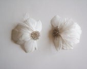 Ivory Bridal Party Hairpiece Set With Golden Shadow Crystal Accents - Ivory Feather Fascinator Set