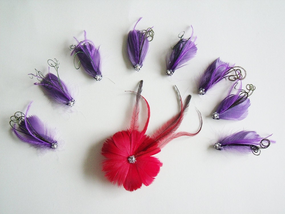 Red Bridal Feather Flower With (8) Purple Bridal Party Feather Hairclips With Curled Peacock Accents