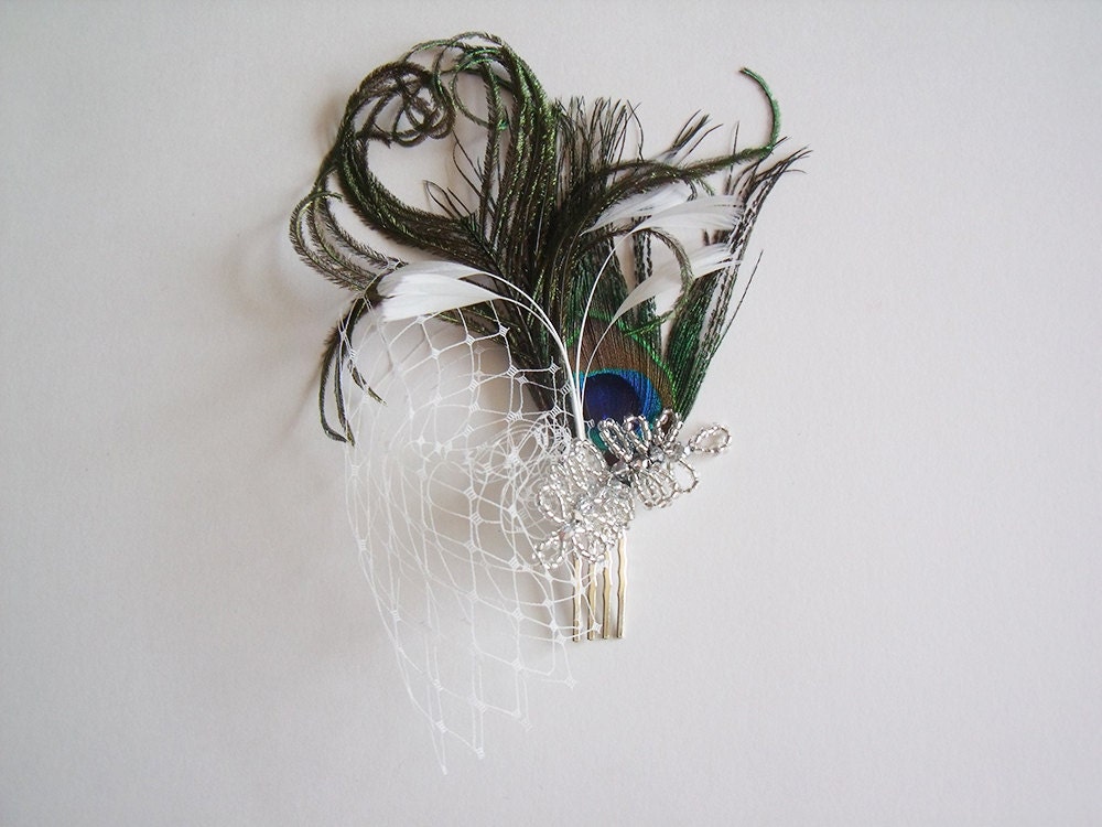 Curled Peacock Bridal Mini Bridcage Veil Hair Comb With Crystal Embellishments
