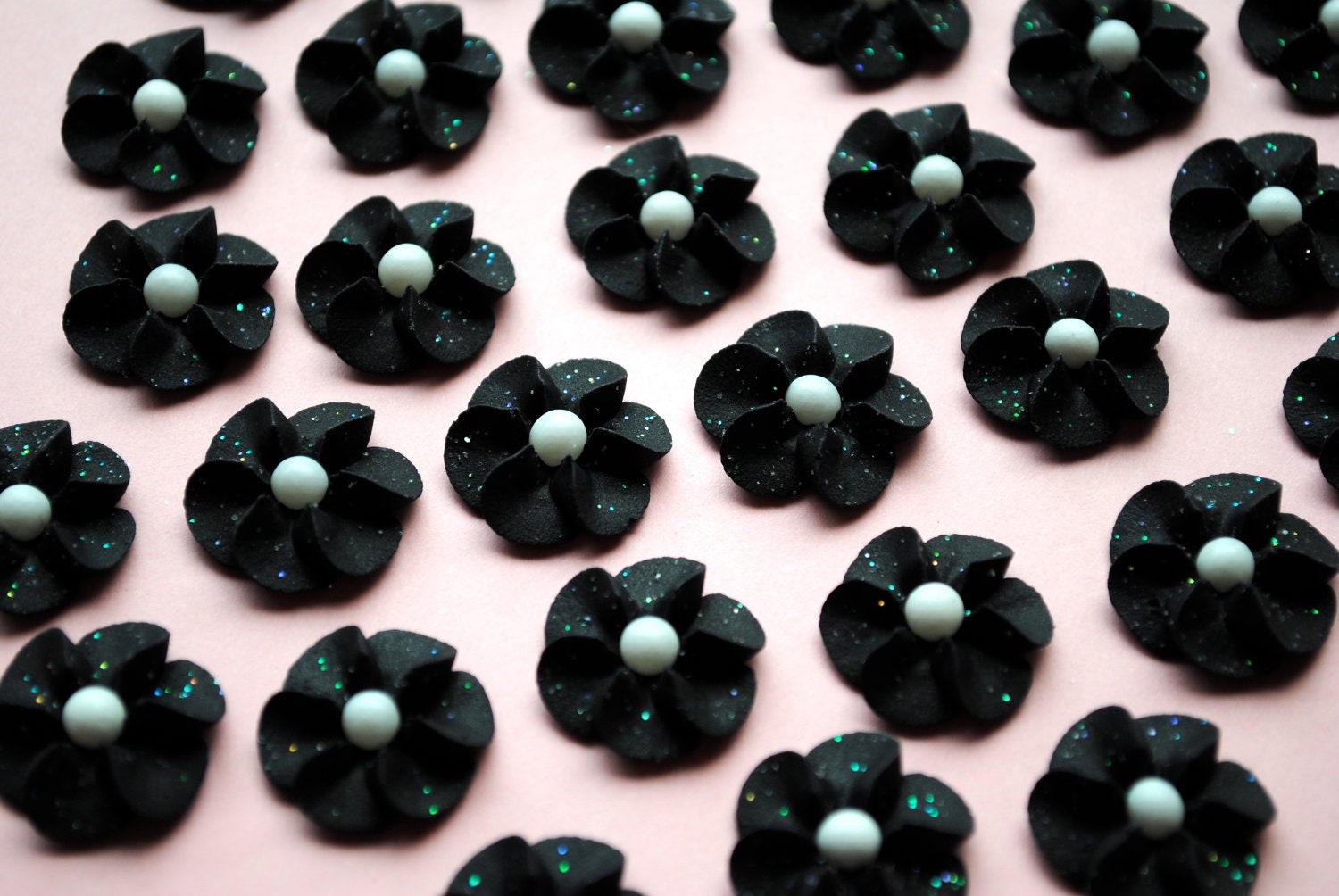 Royal Icing Flowers- Drop Style in Black with Matte White Sugar Pearl and Sparkles (60)