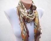 Handmade Traditional Turkish Fabric Scarf-Crochet Oya-brown cream