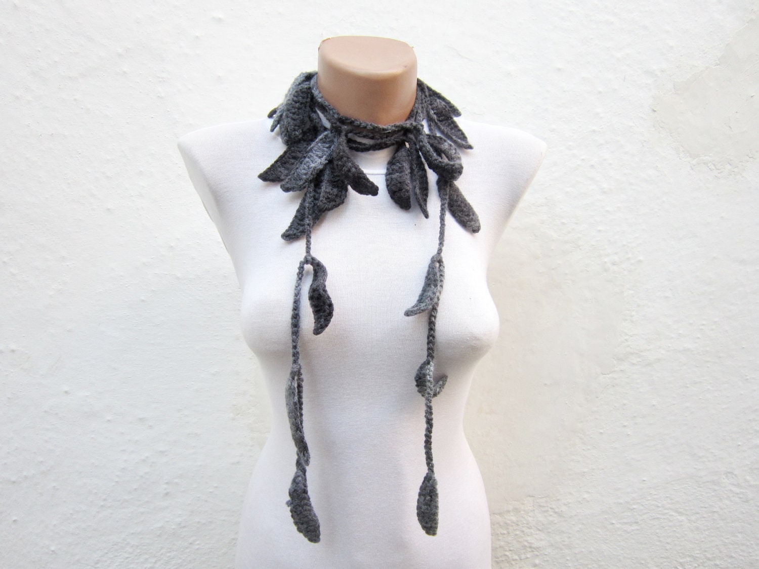 Grey Black Handmade crochet Lariat Scarf   Variegated Long Necklace Scarf  winter fashion - nurlu