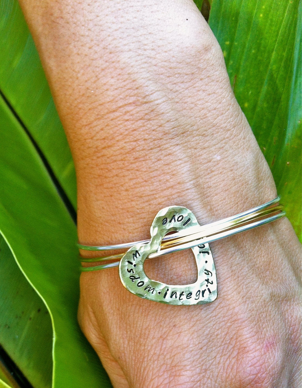 New Silver and Gold Mixed Metal Bangle Bracelet with Floating Brass Heart