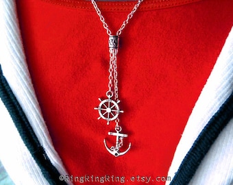 Anchor necklace - Silver necklace ships wheel pendant, Jewelry gift for Mother. US Navy ship 091612