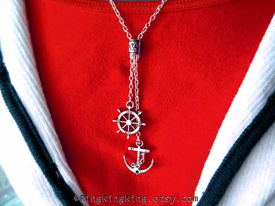 Anchor necklace - Silver necklace ships wheel pendant, Jewelry gift for Mother. US Navy ship 091612