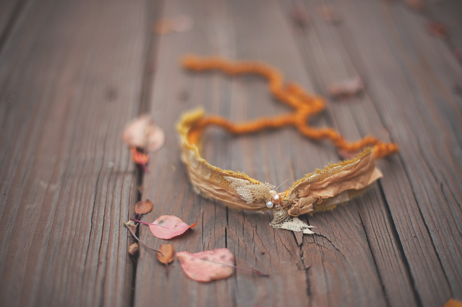 Mustard linen and lace tie back Headband