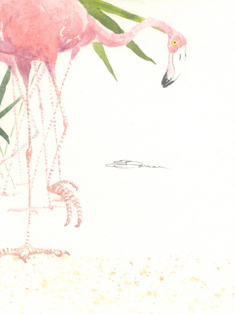 9 by 12 inch original watercolor Flamingo whimsy  bowman On The Pink Trail bird fun