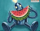 Robowatermelon - 8 x 8 art print - funky retro robot eating watermelon teal blue pink