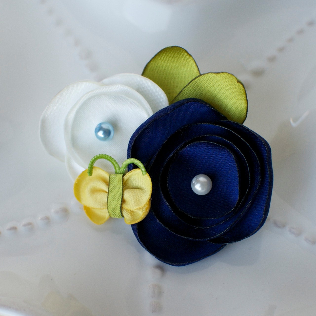 Navy, White, and Yellow Flower and Butterfly Hair Clip
