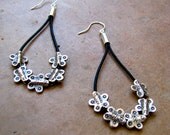 Handmade Black Leather and Sterling Silver Flower Bead Dangle Earrings