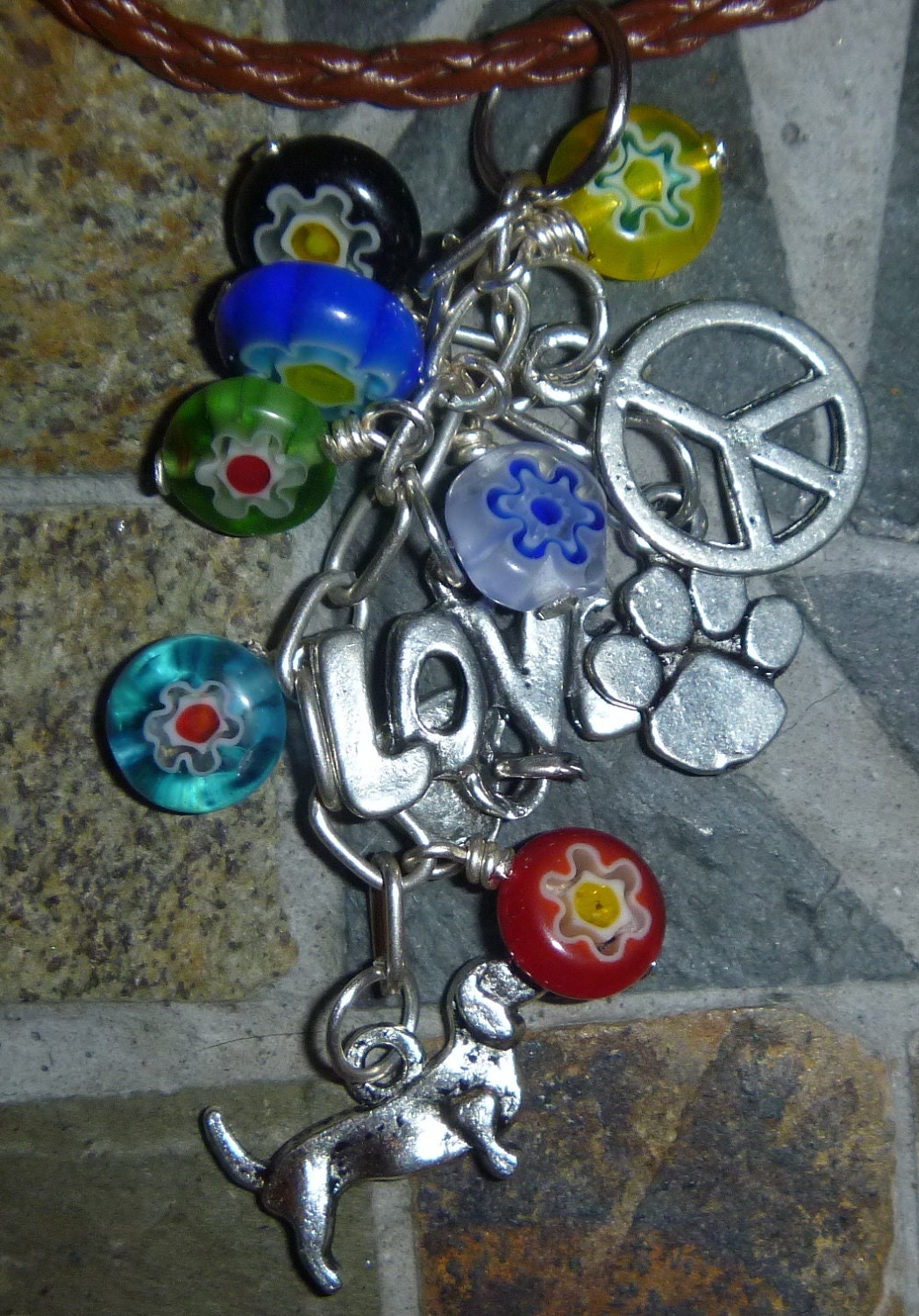 Peace love & dachshund, doxie necklace millifiori beads and lead free pewter