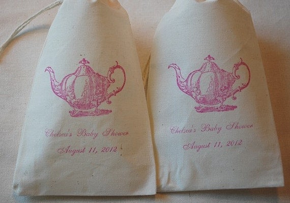 50 Personalized Baby Shower Tea Party Favor Bags - Vintage Teapot Organic Cotton Gift Bags 4x6 Il_570xn