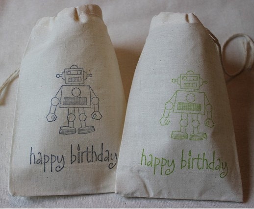20 Robot Happy Birthday Party - Organic Muslin Cotton Favor Gift Bags 4x6 Hand Stamped - you choose ink color Il_570xn