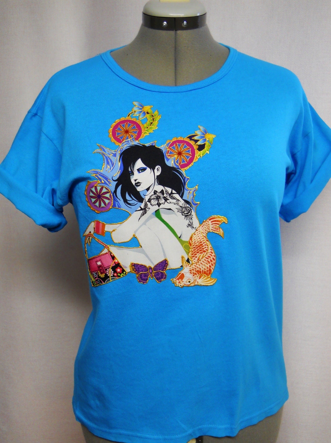 Women's  Custom Funky Tee- Shirt  Hand Painted Fabric Applique Designed