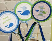 Wittle Whale Collection: Set of 3 Centerpiece Flags. Whale Birthday Flags. Custom and made to order. Il_170x135