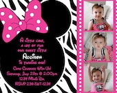 PACKAGE DEAL Zebra Minnie Mouse Invitation file, matching Thank you Card, water bottle labels and cupcake toppers/stickers/tag BUNDLE