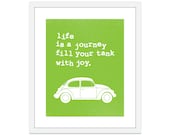 Car Digital Print - Life is a journey - Funny Volkswagen Bug - Home Decor - Bright Green - Car - Original Art-  Under 20