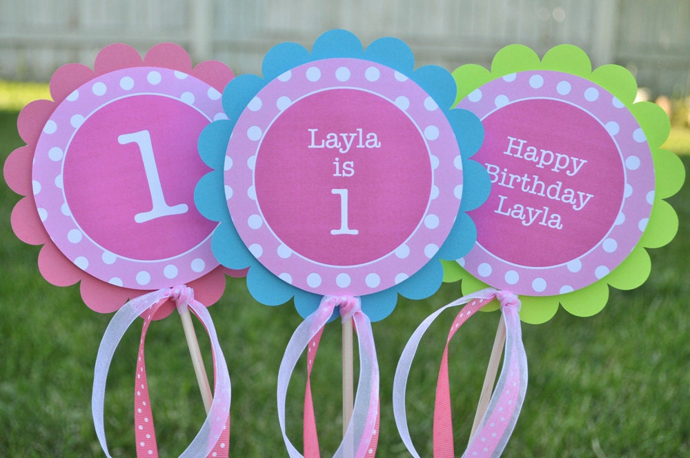 3 Centerpiece Sticks - Girls 1st Birthday Party Decorations - Polkadots, Pink, Teal, Purple, Lime Green - Personalized