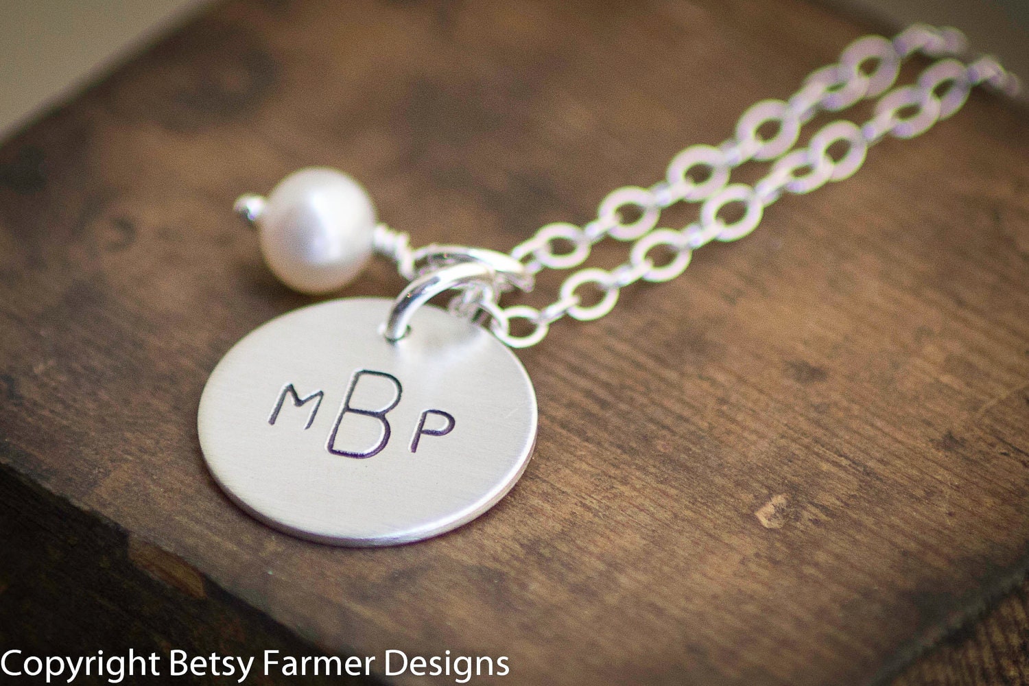Monogram Necklace - Hand Stamped Sterling Silver - Pearl - Wedding
