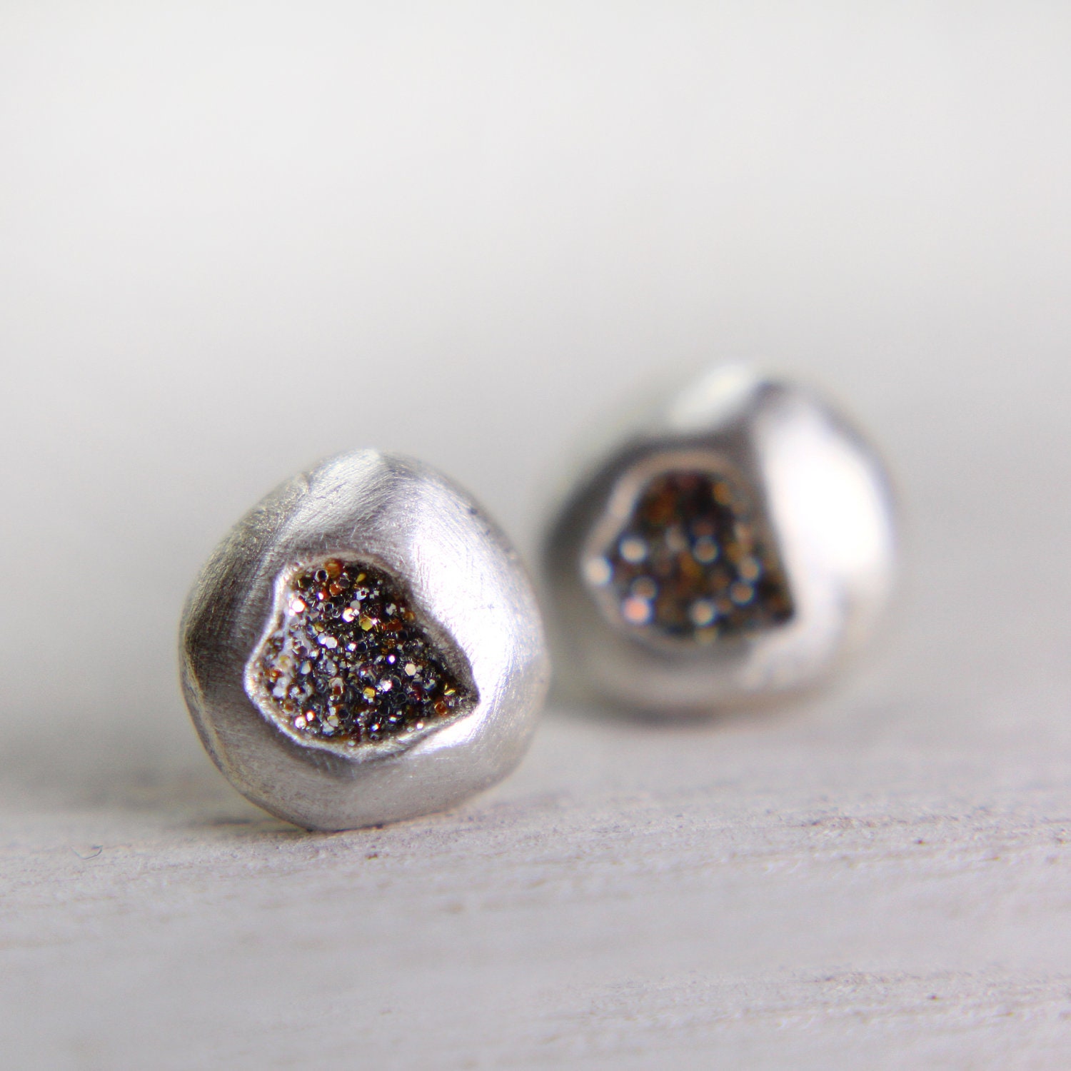 silver post earrings with white gold sparkles - organic post earrings - sterling silver glitter earrings
