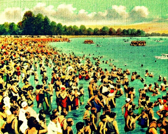 Beach Photography BUSY BEACH Art Deco Spring Break swim16x20 photo vintage style1930s red aqua swimwear summer vacation crowd nostalgia