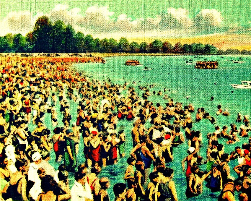 Beach Photography BUSY BEACH Art Deco Spring Break swim16x20 photo vintage style1930s red aqua swimwear summer vacation crowd nostalgia