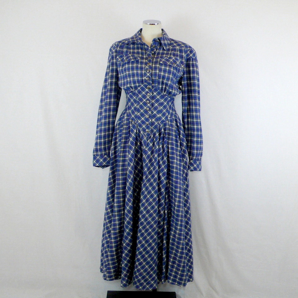 80s Fall Flannel Dress - Fitted Waist - Deadstock Karen Alexander - Blue Plaid - Medium / Large - Free US Shipping