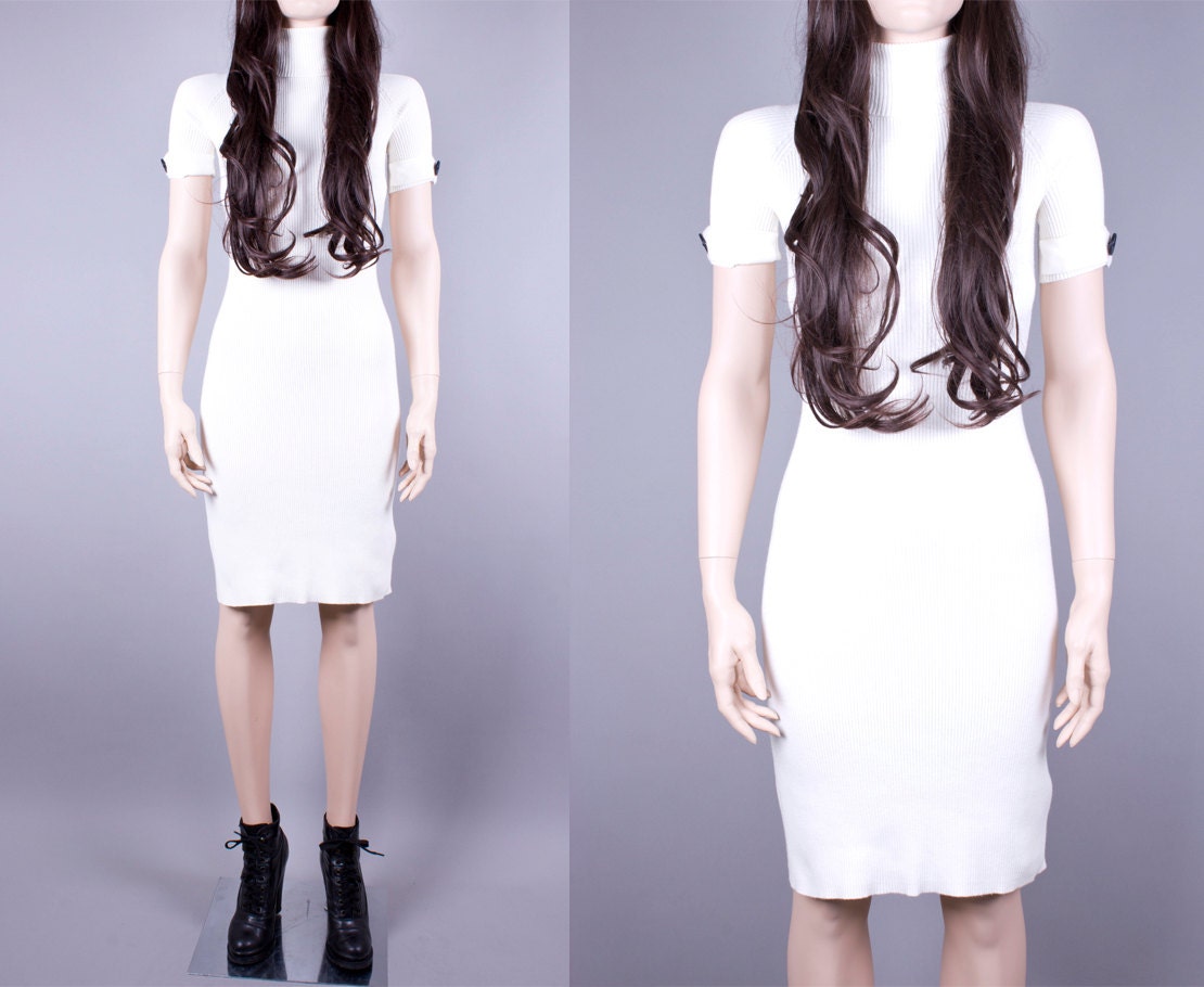 Vintage 90s White Cotton Ribbed Turtleneck Dress XS/S