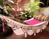 Beautiful Two Colors Beige Fuchsia Single Hammock hand-woven Natural Cotton Special Fringe