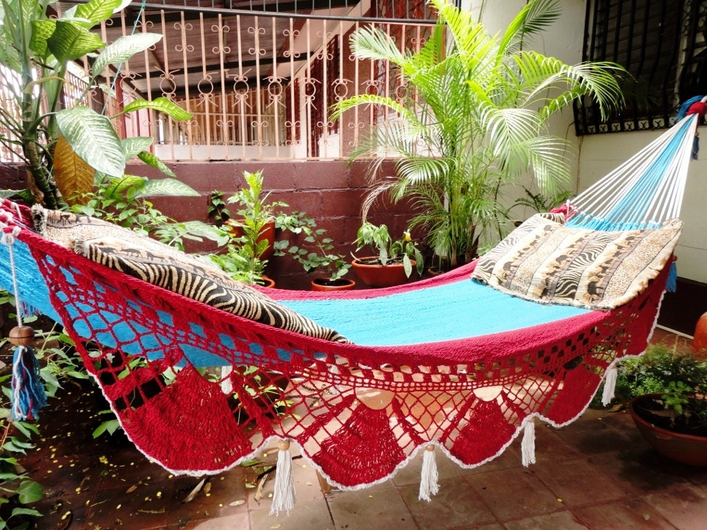Beautiful Two Colors Red Turquoise Single Hammock hand-woven Natural Cotton Special Fringe