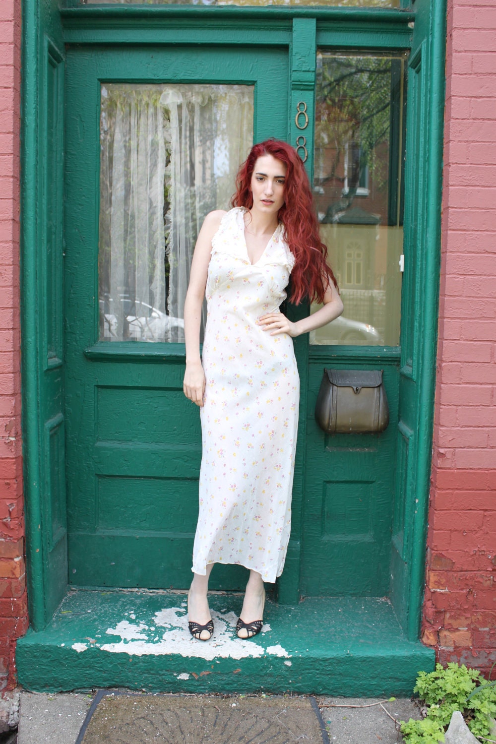 Nightgown Vintage 1940s 40s 1930s 30s Cotton Bias Cut Floral Gown S Small M Medium