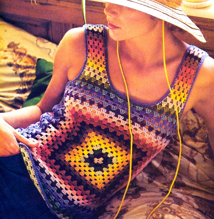 Vintage 1970s Granny Squares Tank Top Sexy Boho Pullover Vest Crochet Pattern Digital PDF