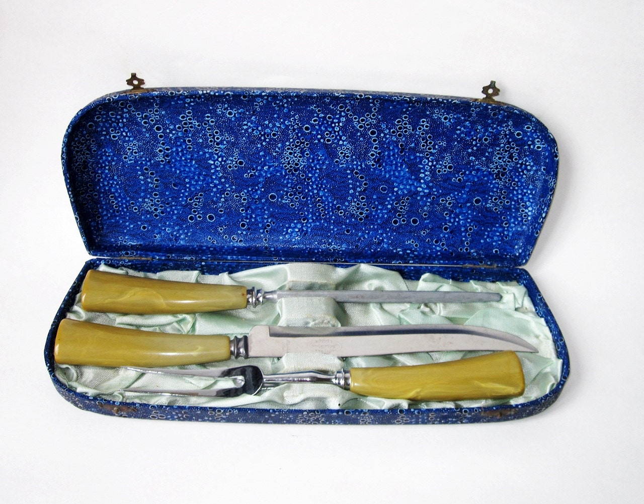 Vintage Carving Set with Bone Handles and Hard Case