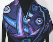 Hand Painted Silk Scarf Mystery Purples. Silk Scarf in Aubergine, Purple, Blue. Size 11x60. Silk Scarves Colorado. 100% silk. Made to order.
