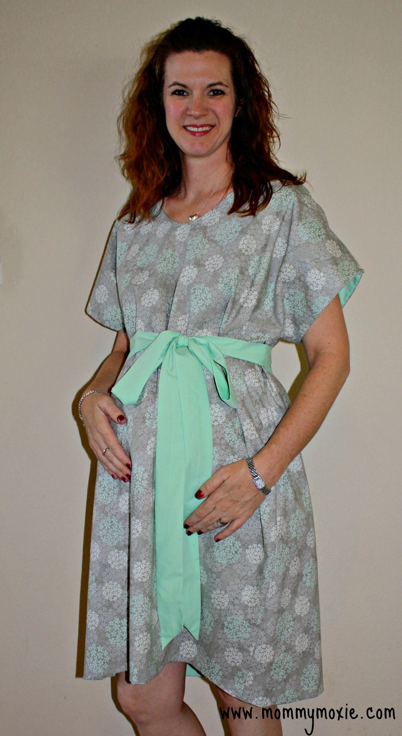 Berkeley Maternity Hospital Gown in Mint and White Floral Blossoms on Grey by Mommy Moxie on Etsy
