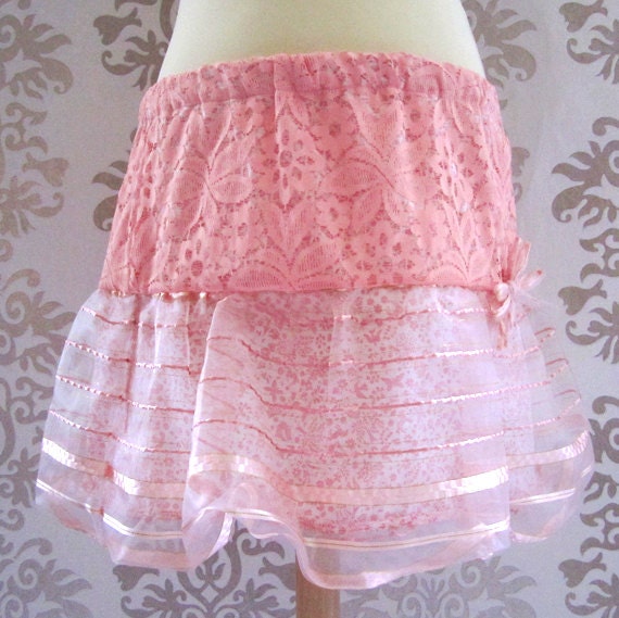 Woman Handmade Skirt : Strawberry Pink Reversible 2 in 1 Lace Short Skirt Size S/M