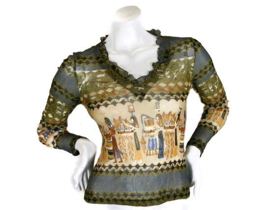 SALE - 90s Egyptian Mesh Long Sleeve Top Sz s