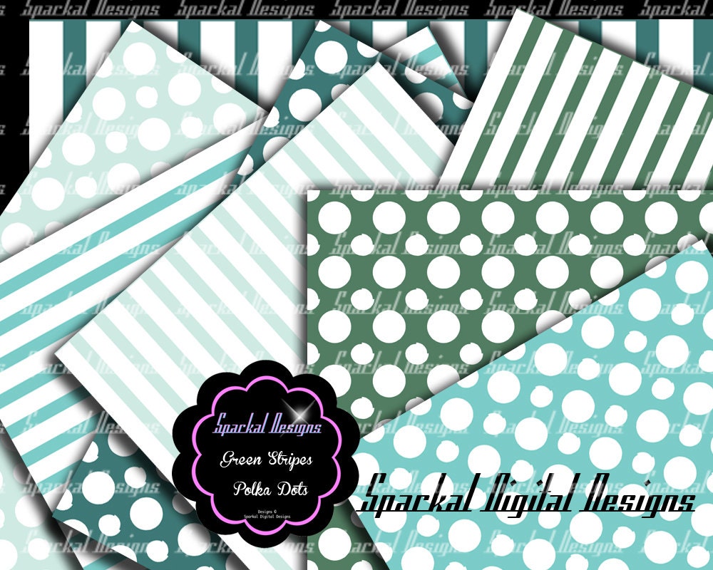Green Digital Paper Polka Dots Stripes Digital Paper Instant Download Digital Scrapbooking Party Paper Invitation background Paper Instant Il_170x135