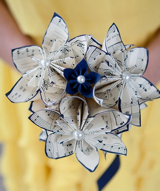 Sheet Music Wedding Bouquet: 10 paper flowers, 7 inch, made to order for bride or bridesmaid, 1st anniversary gift. origami
