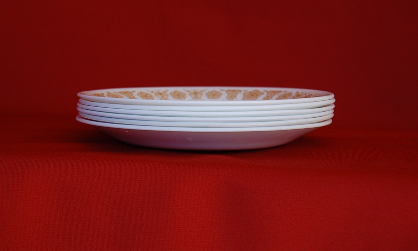 Set of 6 Vintage Corelle Butterfly Gold Dessert Plates or Bread and Butter Plates with Gold Flowers and Butterflies