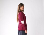 Purple cardigan with heart petch on the elbow, Open cotton cardigan top with long sleeves/ winter top/ long sleeve top