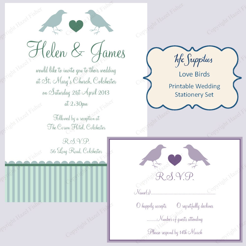 Love Birds - printable Wedding Stationery set - customised invitation / save the date / rsvp / thank you card