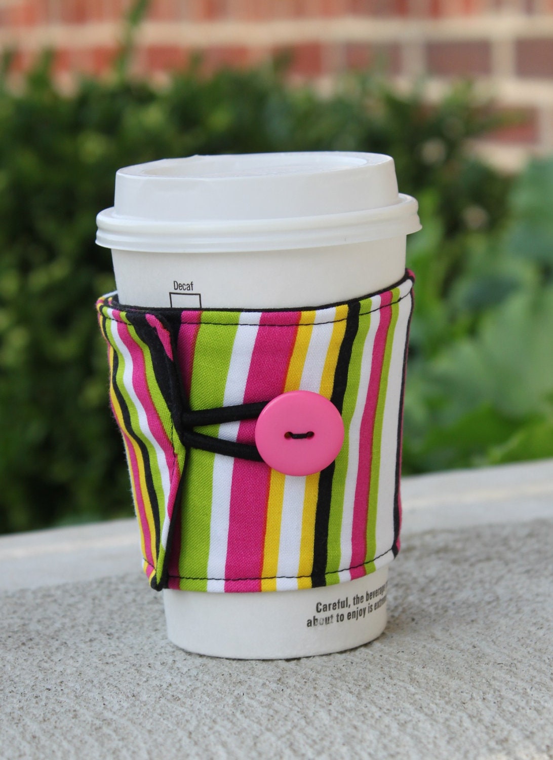 Reusable Coffee Sleeve - Fabric Coffee Cozy - Pink, Yellow, Black and Lime Green Stripes - Luna by Gail Fountain