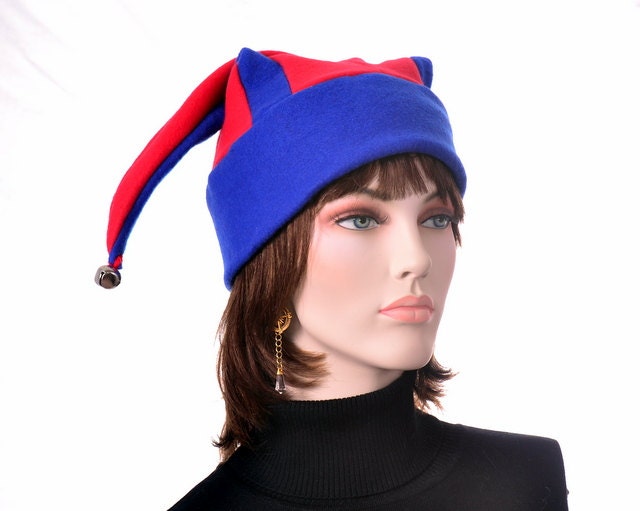 Red Blue Jester Hat with Bells Mens Hat Womens Hat Costume Hat Fool Cap