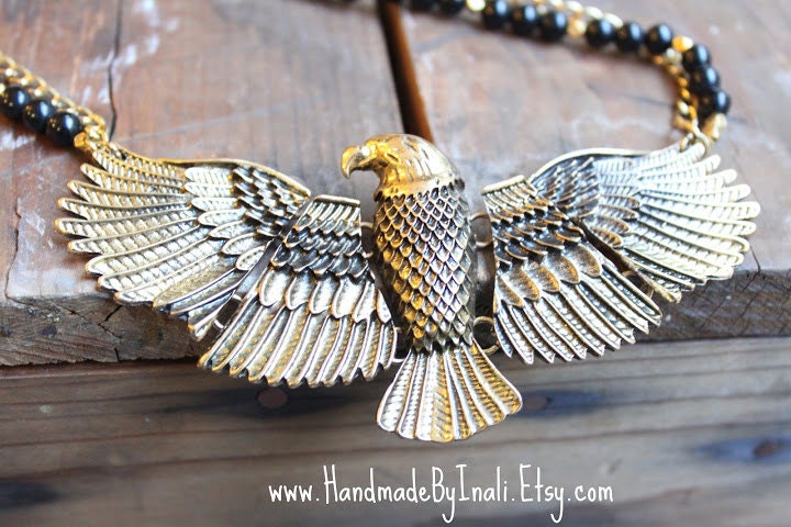 BLACK Hawk/Eagle-vintage look gold pendant necklace/Bohemian necklace/Rider/Biker/Native American/Tribal/Southwestern/Desert bird/Black Gold