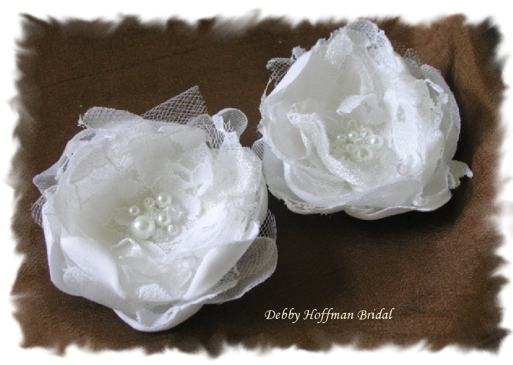Handmade Bridal Flower Shoe Clips, Brooch Pins Hair Clips, with Pearls and Swarovski Crystals No. 1011FSPC2 Wedding Accessories