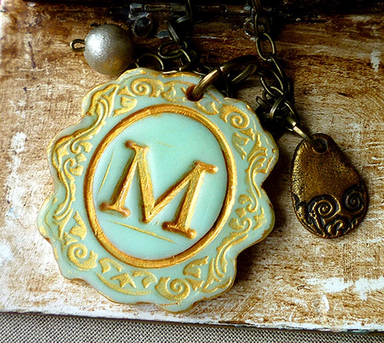 Big Letter Cameo - Aqua and Gold Vintage Medallion - Custom Letter Necklace